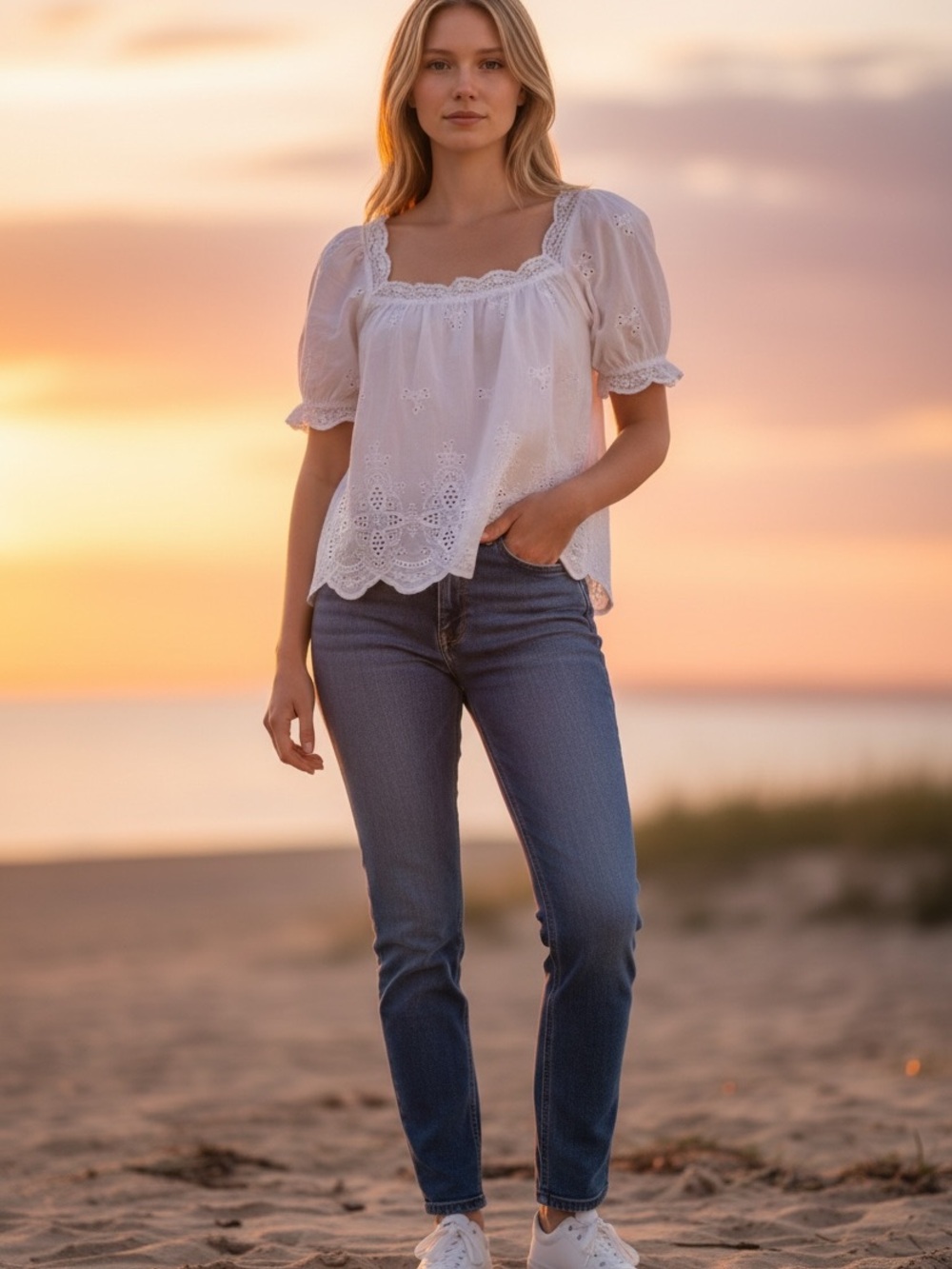 SHEIN White Eyelet Square-Neck Puff Sleeve Blouse